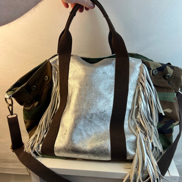 Silver Fringed Leather with Camo Fabric Hybrid Bag - Picture 10 of 16